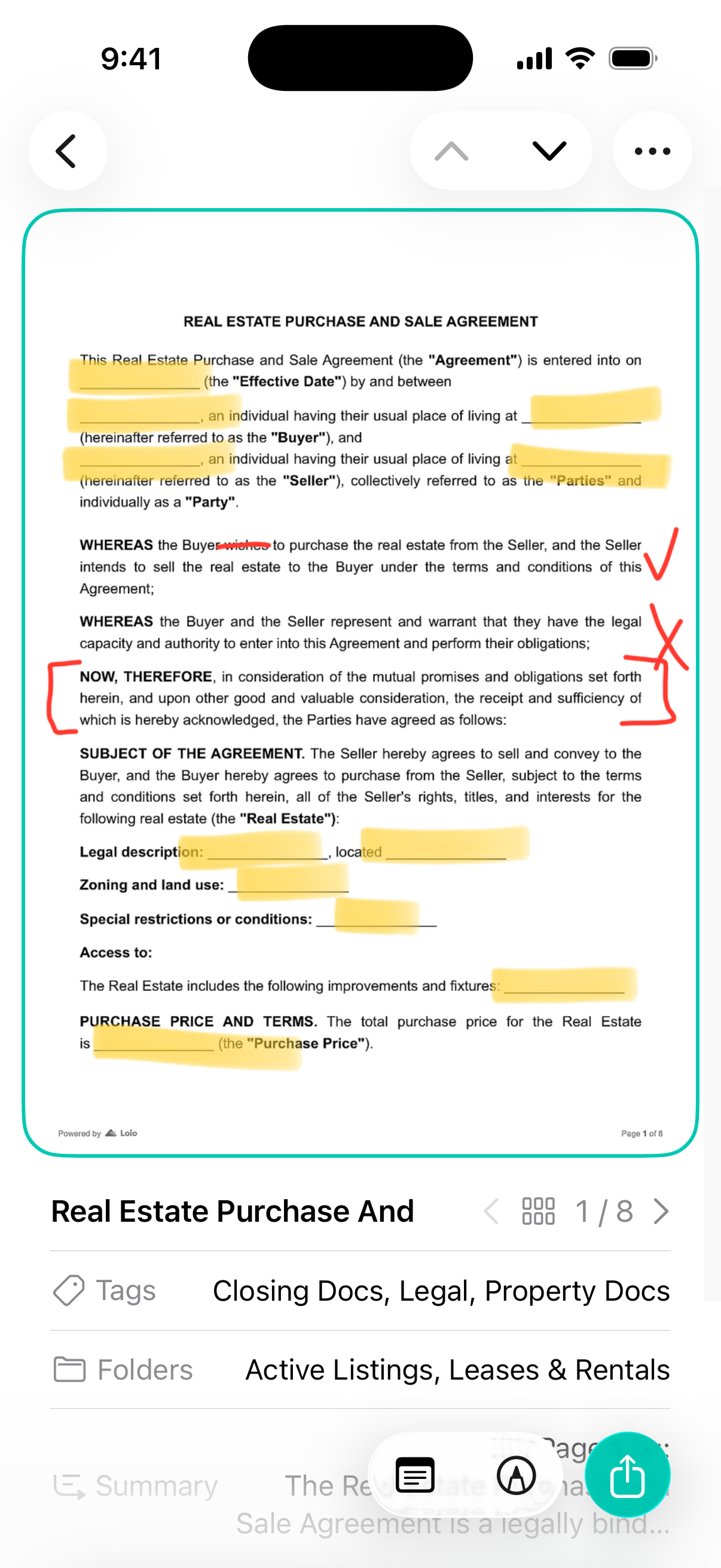 Markup and notes on a document